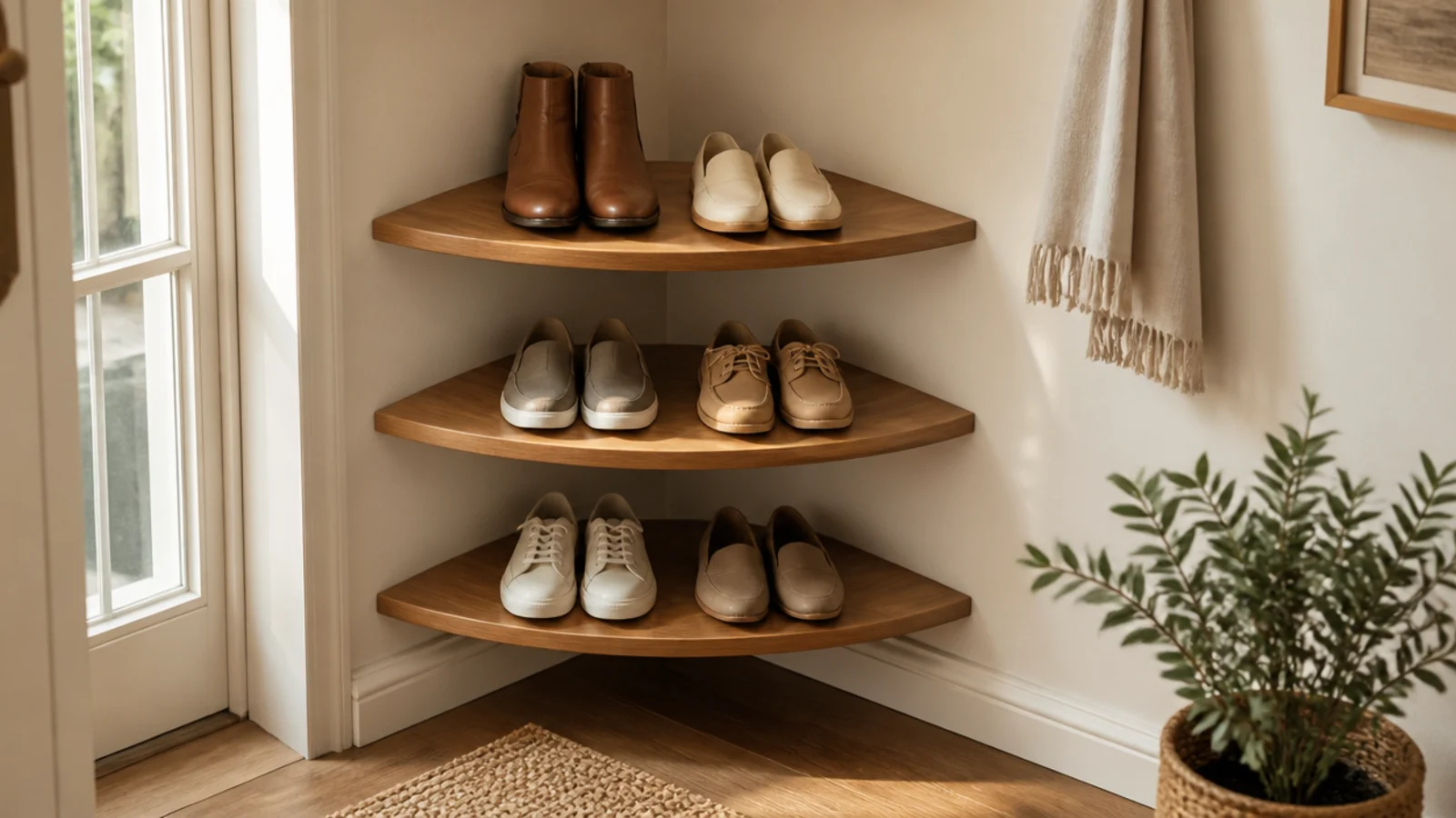Triangular floating shelves stacked in a corner, each holding a few pairs of shoes, floor left clear below.