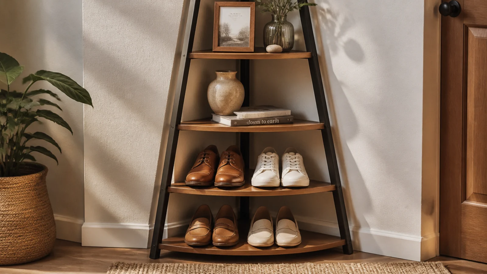 A corner ladder shelf with triangular tiers leaning into the angle, lower tiers holding shoes and upper ones decor.