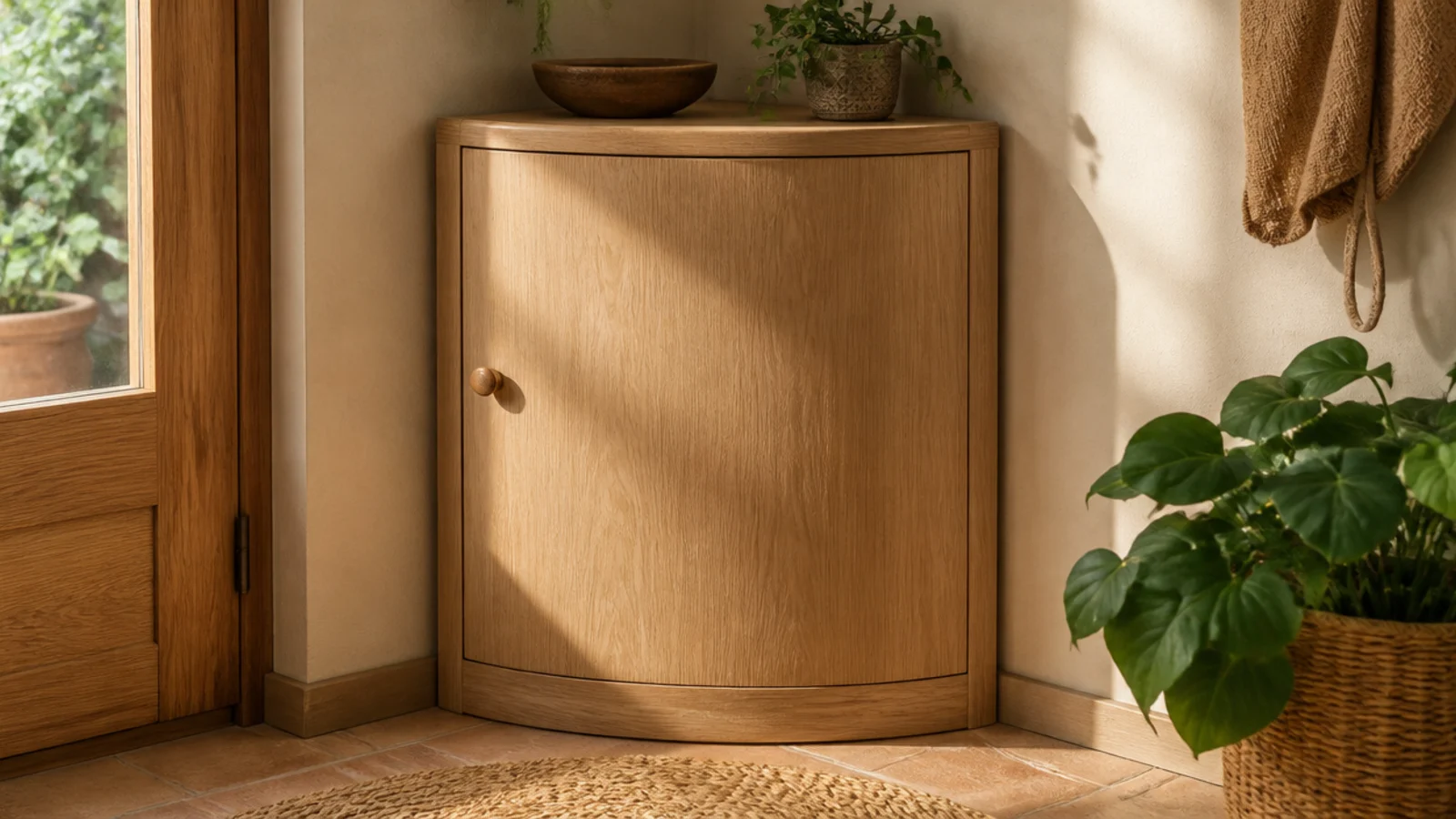 A curved quarter-round shoe cabinet fitted into a corner with a door closed, blending into the two walls.