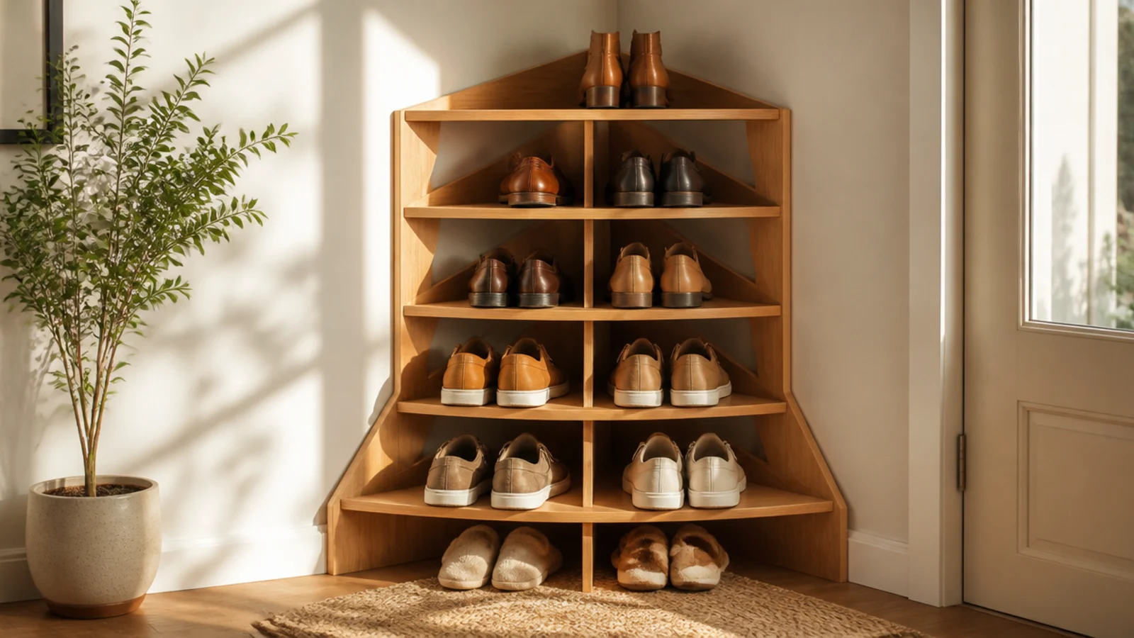 A tall corner unit of stacked triangular cubbies filling the angle from floor to shoulder height with shoes.
