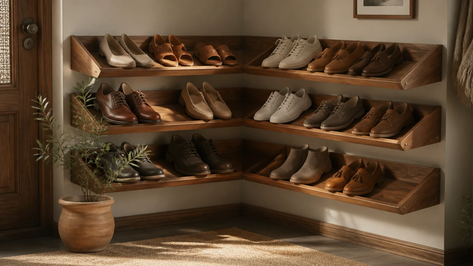 A shoe rack mounted diagonally across a corner on both walls, angled tiers holding shoes above a clear floor.