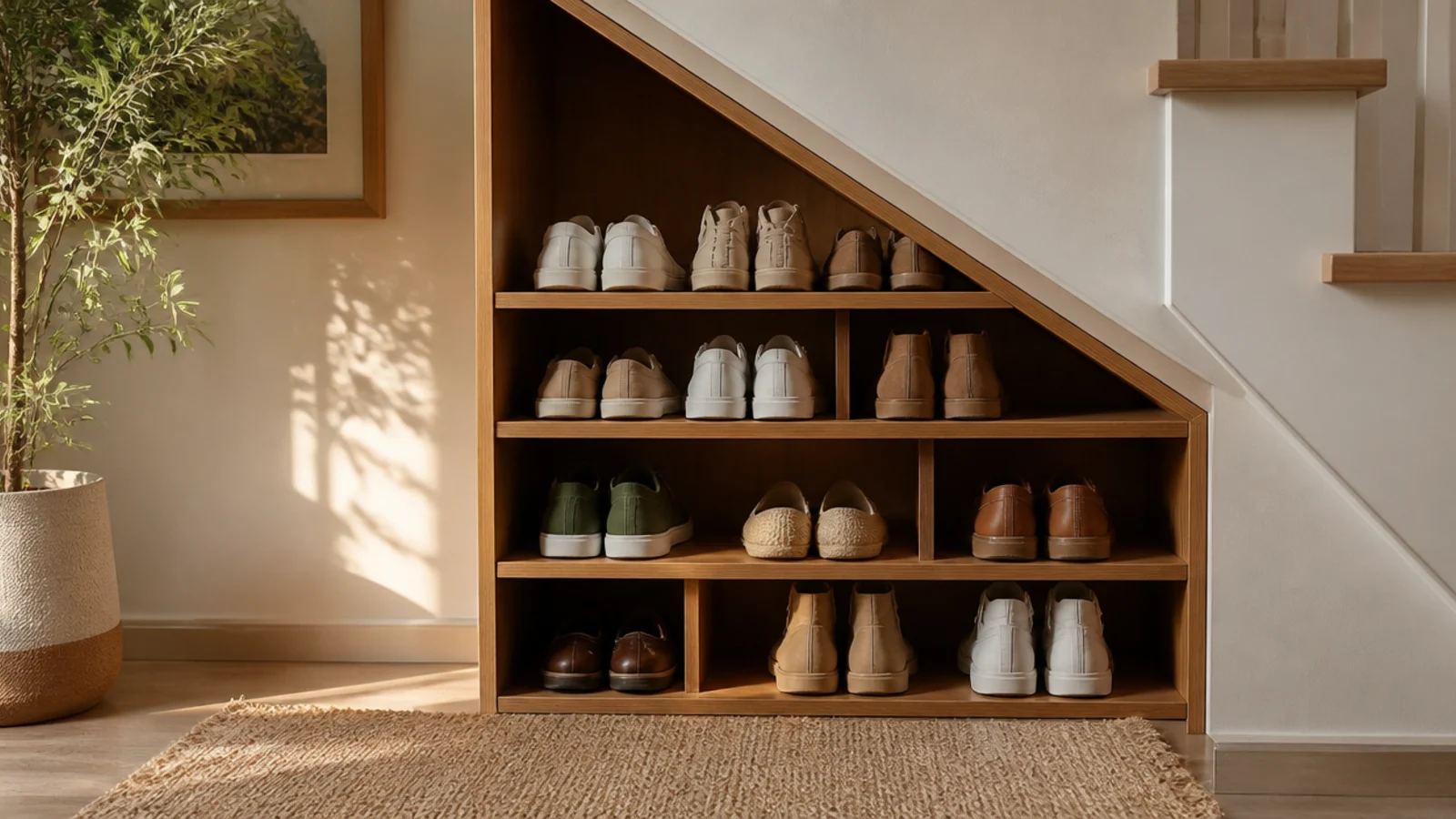A tiered shoe rack tucked into the low triangular corner beneath a staircase, using the sloped dead space.