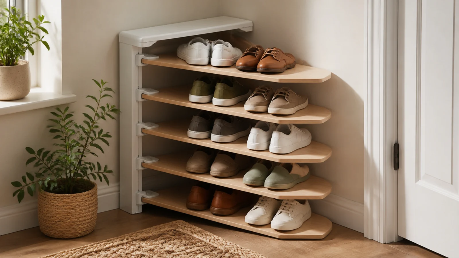 A corner rack whose tiers fan out and swivel from the corner like open pages, each holding a row of shoes.