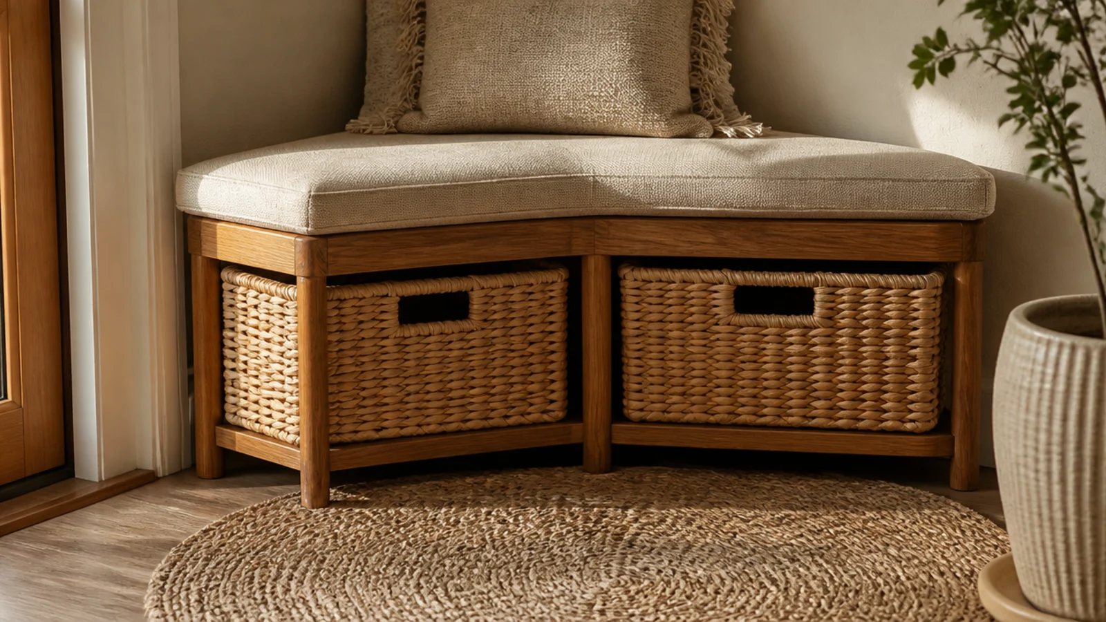 A compact corner bench with woven baskets tucked underneath in the angle, cushion on top, holding shoes out of sight.