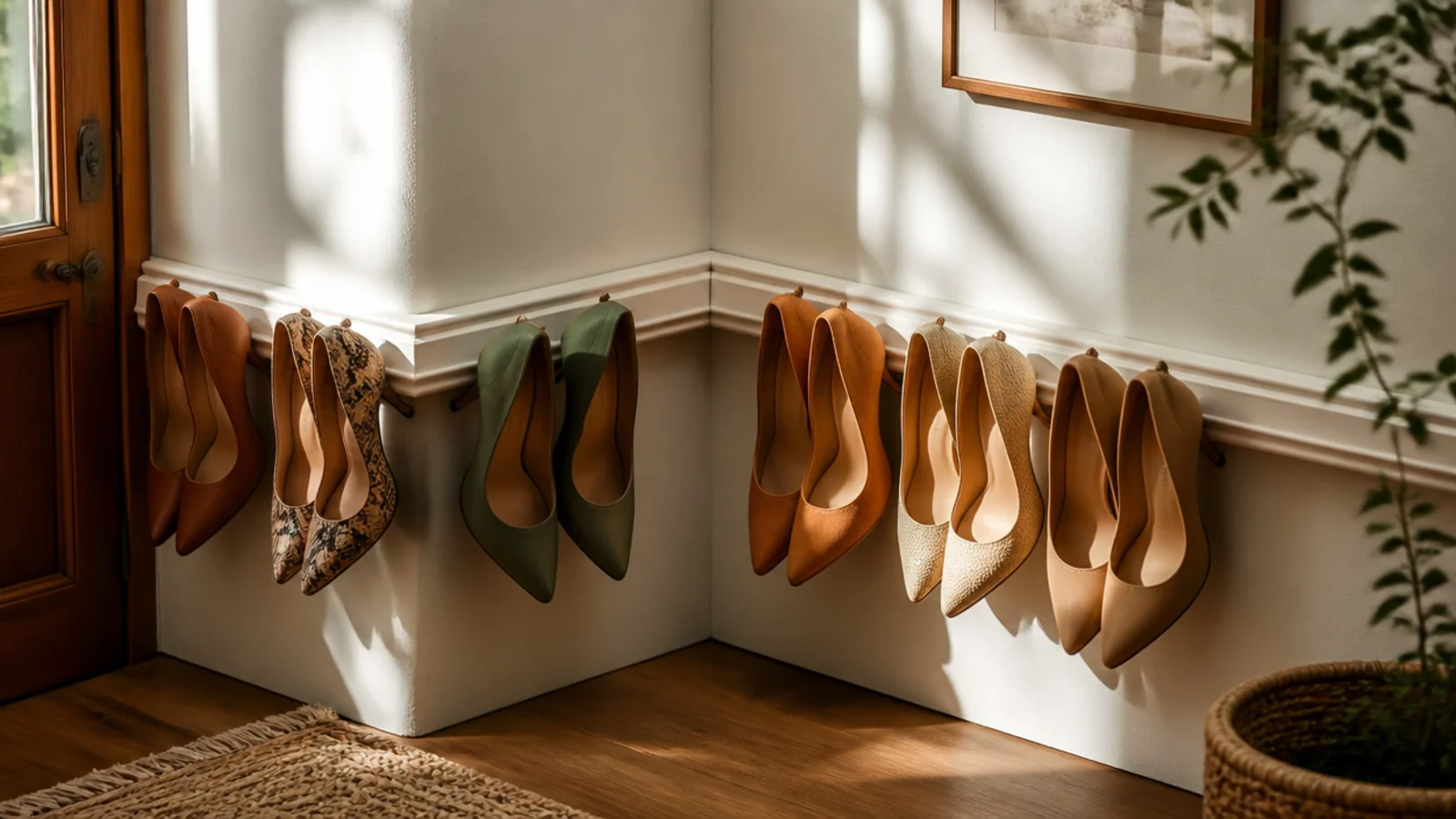 Two lengths of molding meeting at a corner, high heels hooked over both rails in rows around the angle.