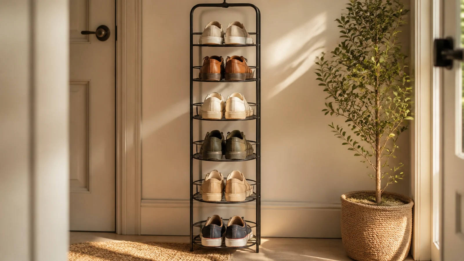 A tall slim powder-coated wire tower tucked into a corner, holding many pairs vertically in a small footprint.