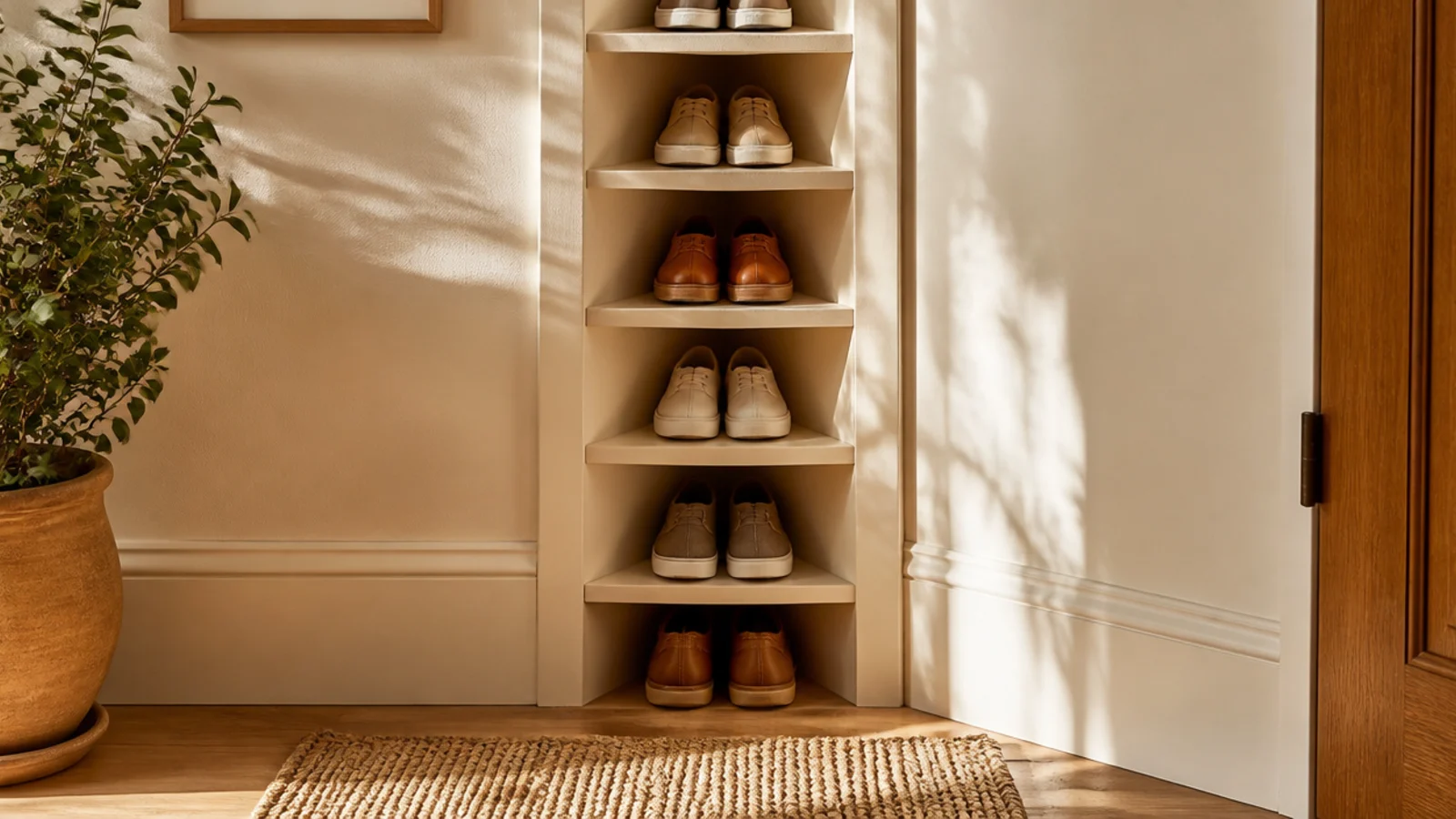 Built-in wedge-shaped cubbies fitted precisely into a corner, each angled slot holding a single pair of shoes.