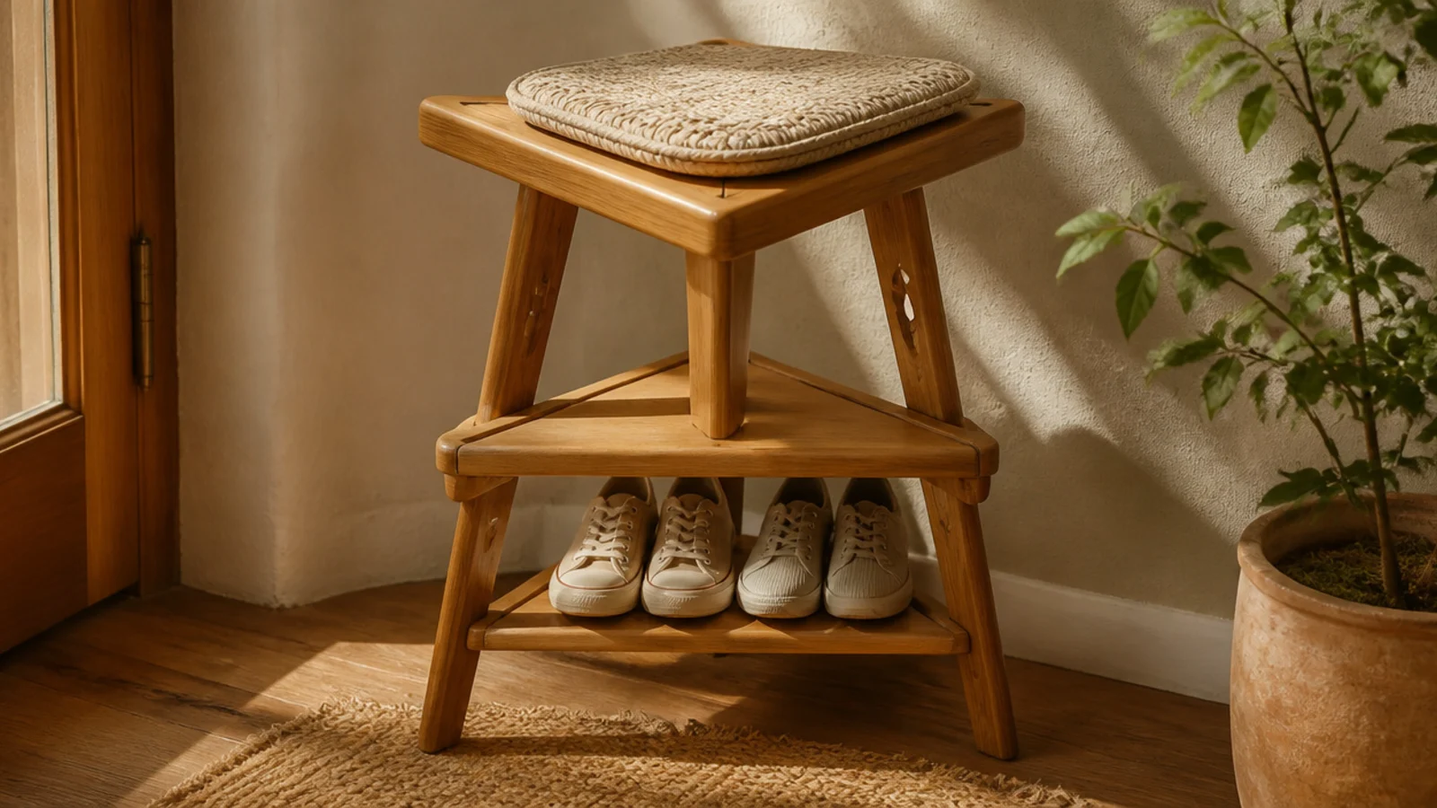 Two small triangular stools stacked in a corner, one used as a seat and the other holding shoes beneath its top.