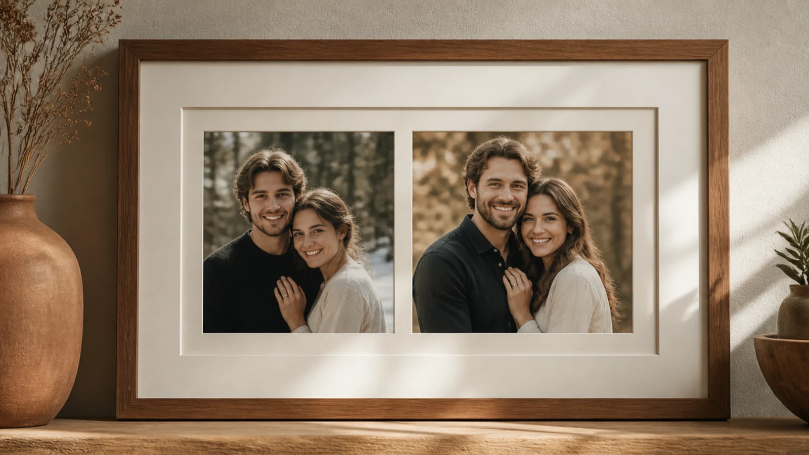 A double frame holding an early couple photo beside a recent one, side by side with a matching mat.