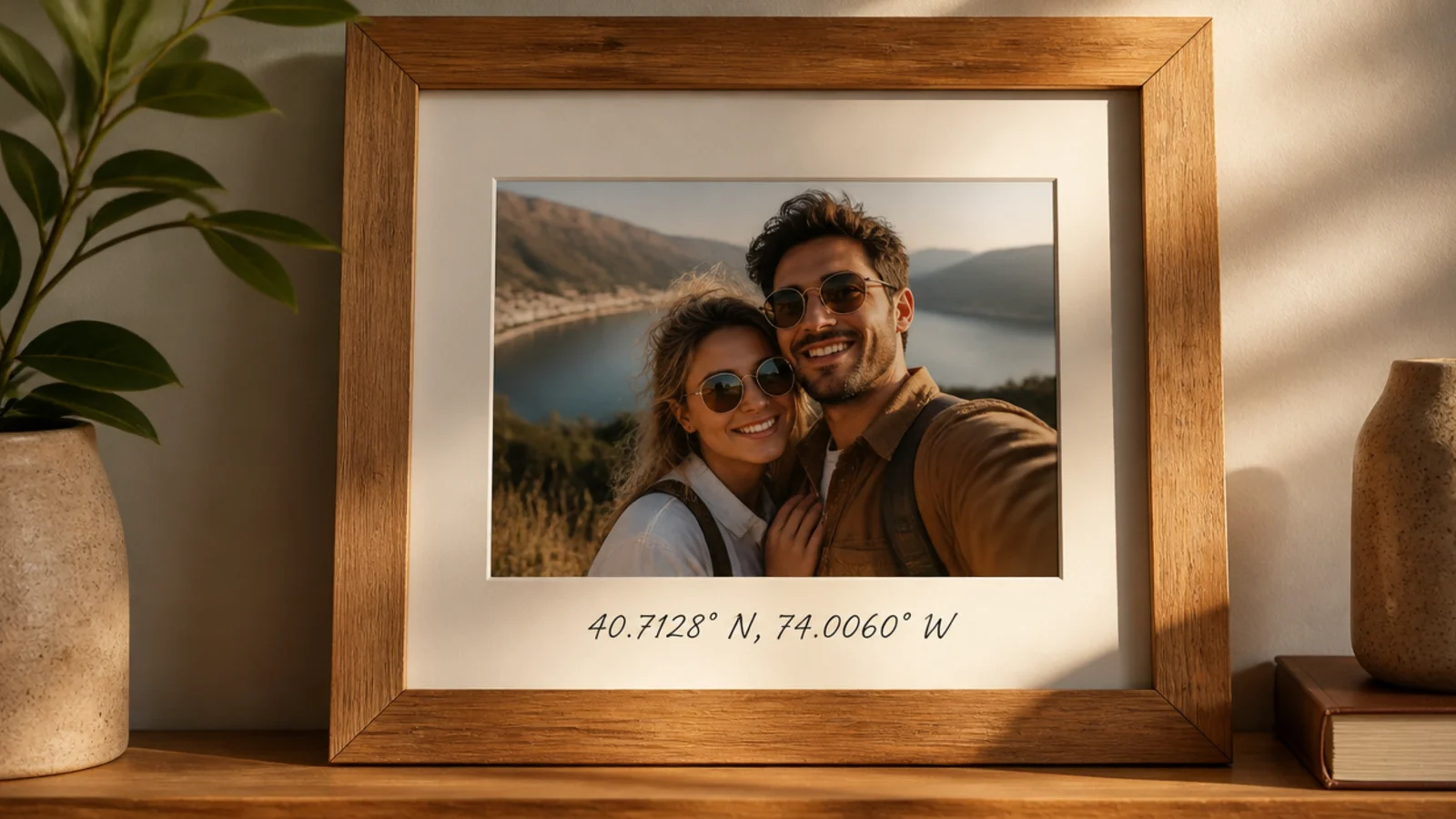 A frame with GPS coordinates hand-lettered along the bottom below a photo of the couple at that place.