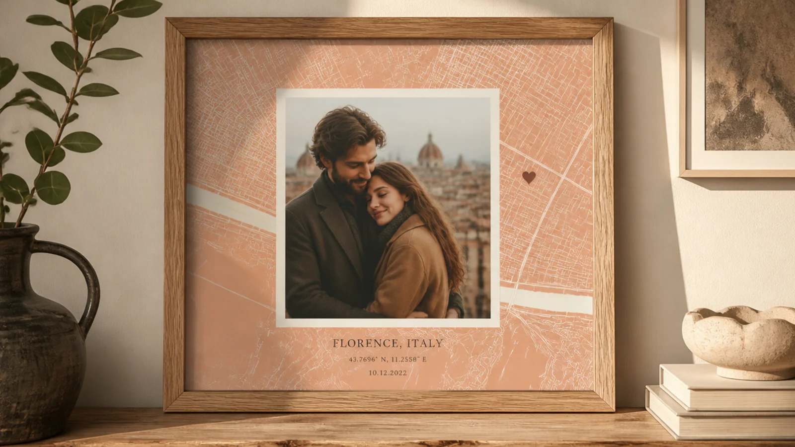 A frame matted with a map of a meaningful city, a small heart on one spot, around a couple's photo.