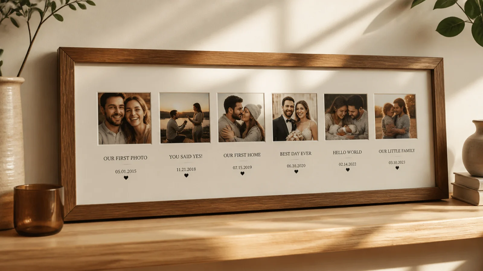 A long horizontal frame with several small photos in a row marking relationship milestones with dates.