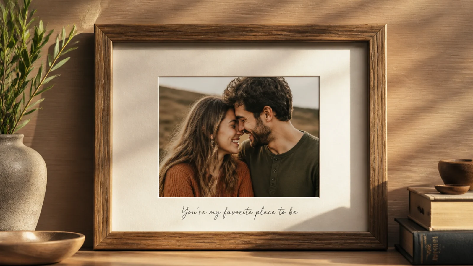 A frame with a short line from a couple's song hand-lettered along the border below their photo.
