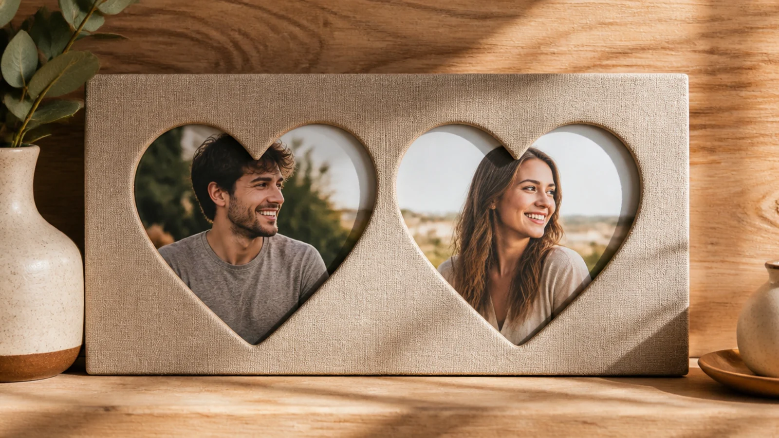 A mat with two interlocking heart-shaped openings, each holding one partner's photo, joined at the center.