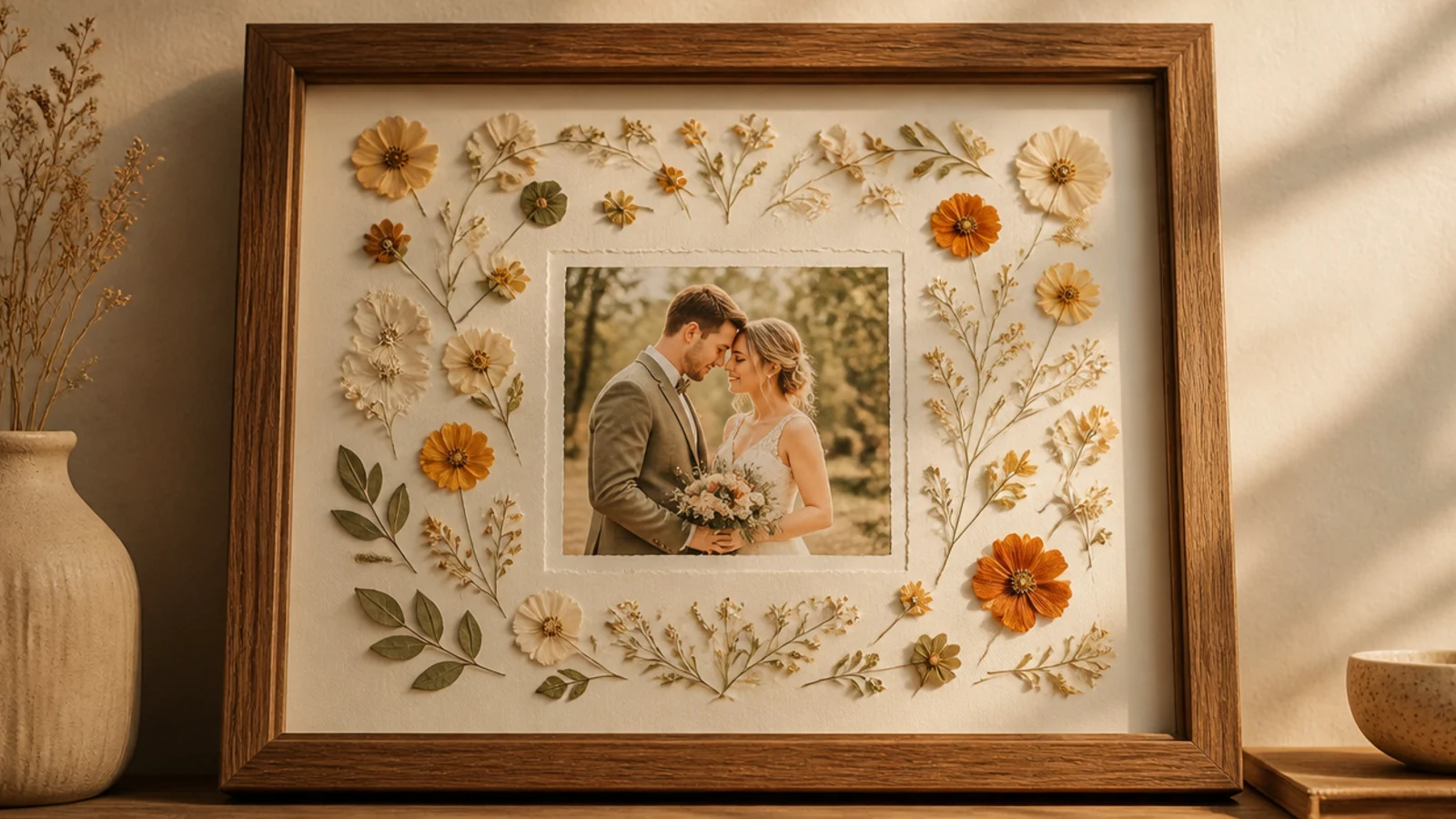 A clear frame with pressed flowers from a wedding bouquet arranged around a couple's wedding photo.