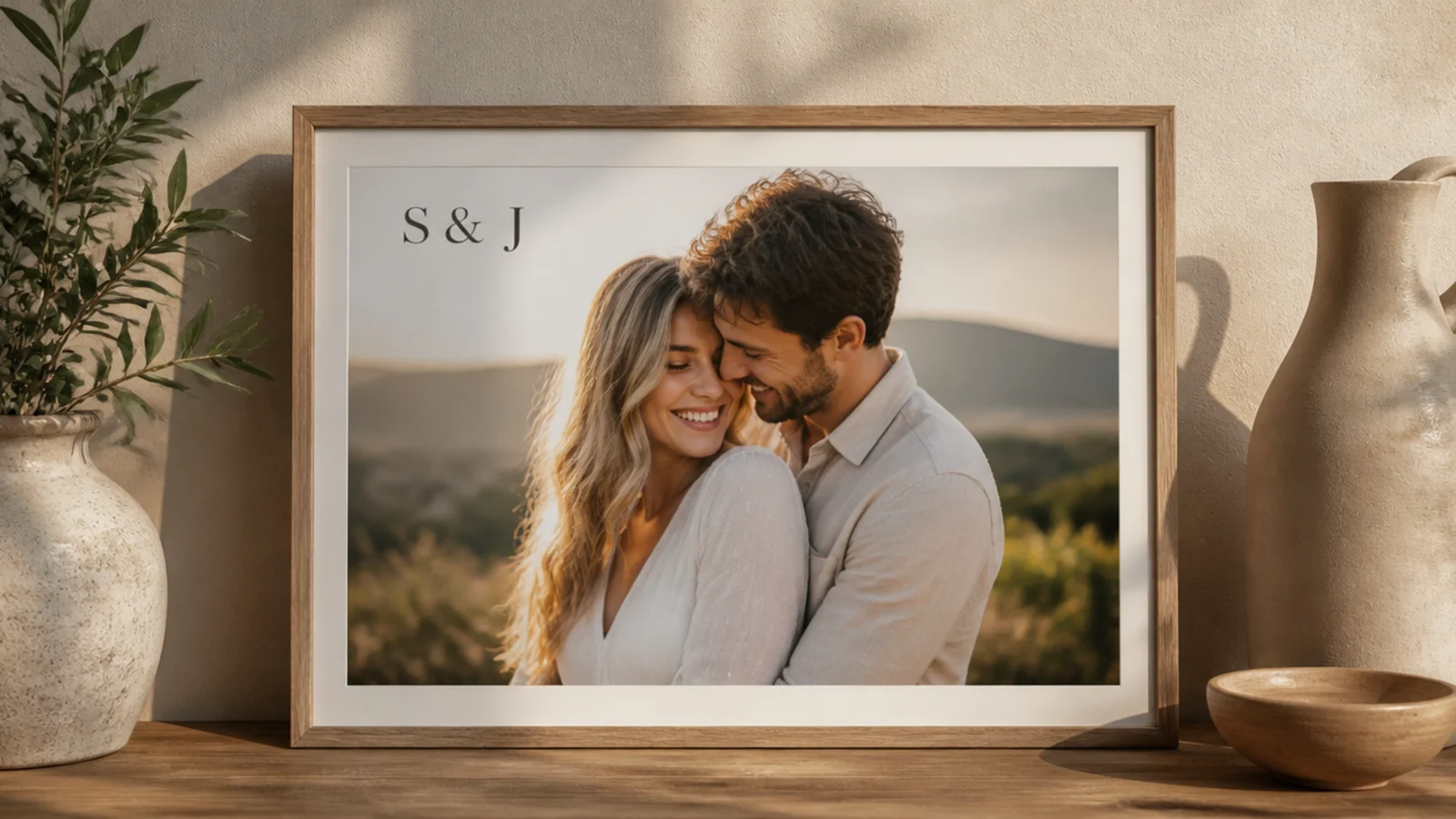 A frame with the couple's two initials joined by an ampersand painted neatly in one corner over a photo.