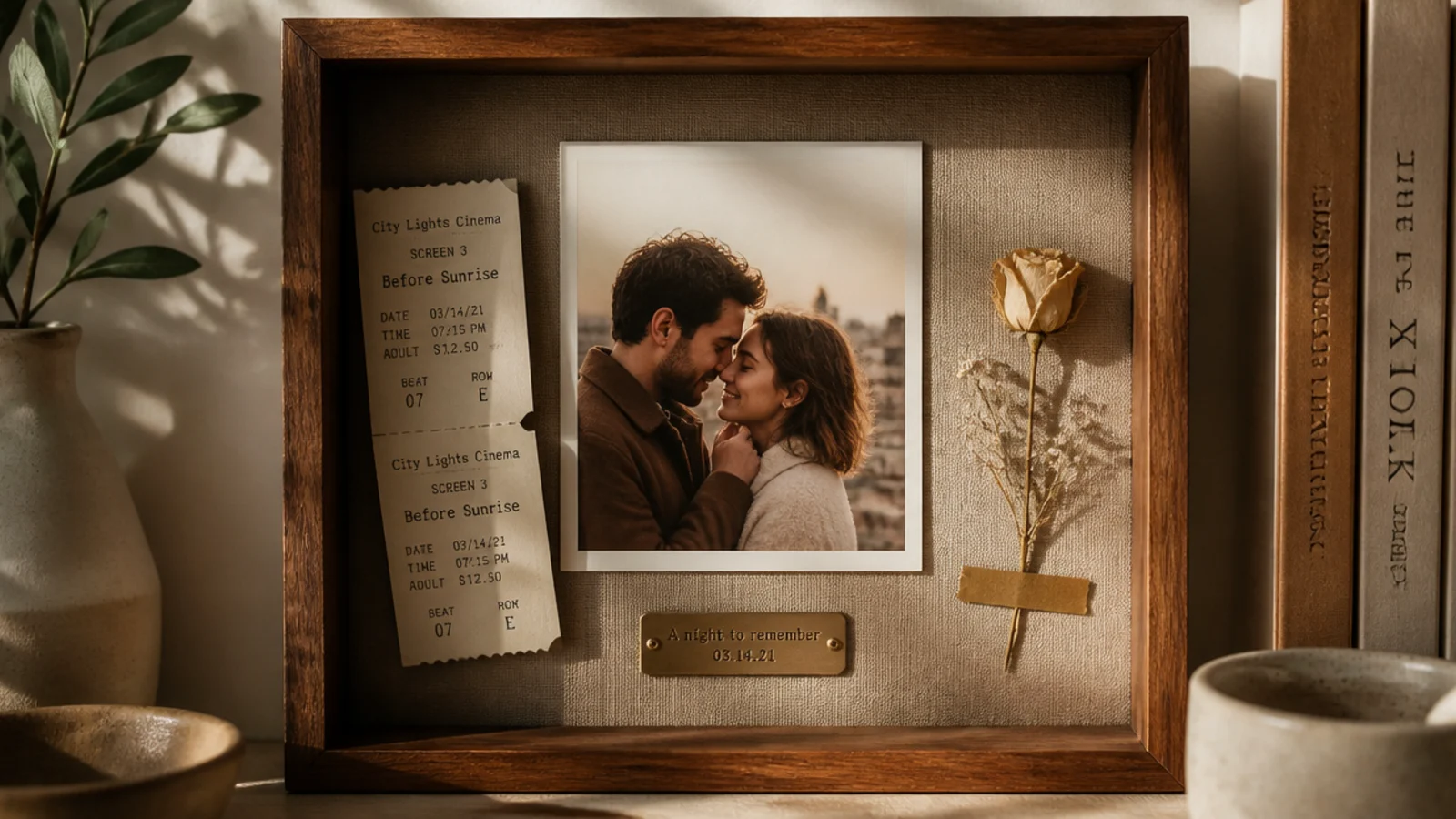A shadow box holding a couple's photo beside movie tickets and a dried flower from a memorable date.