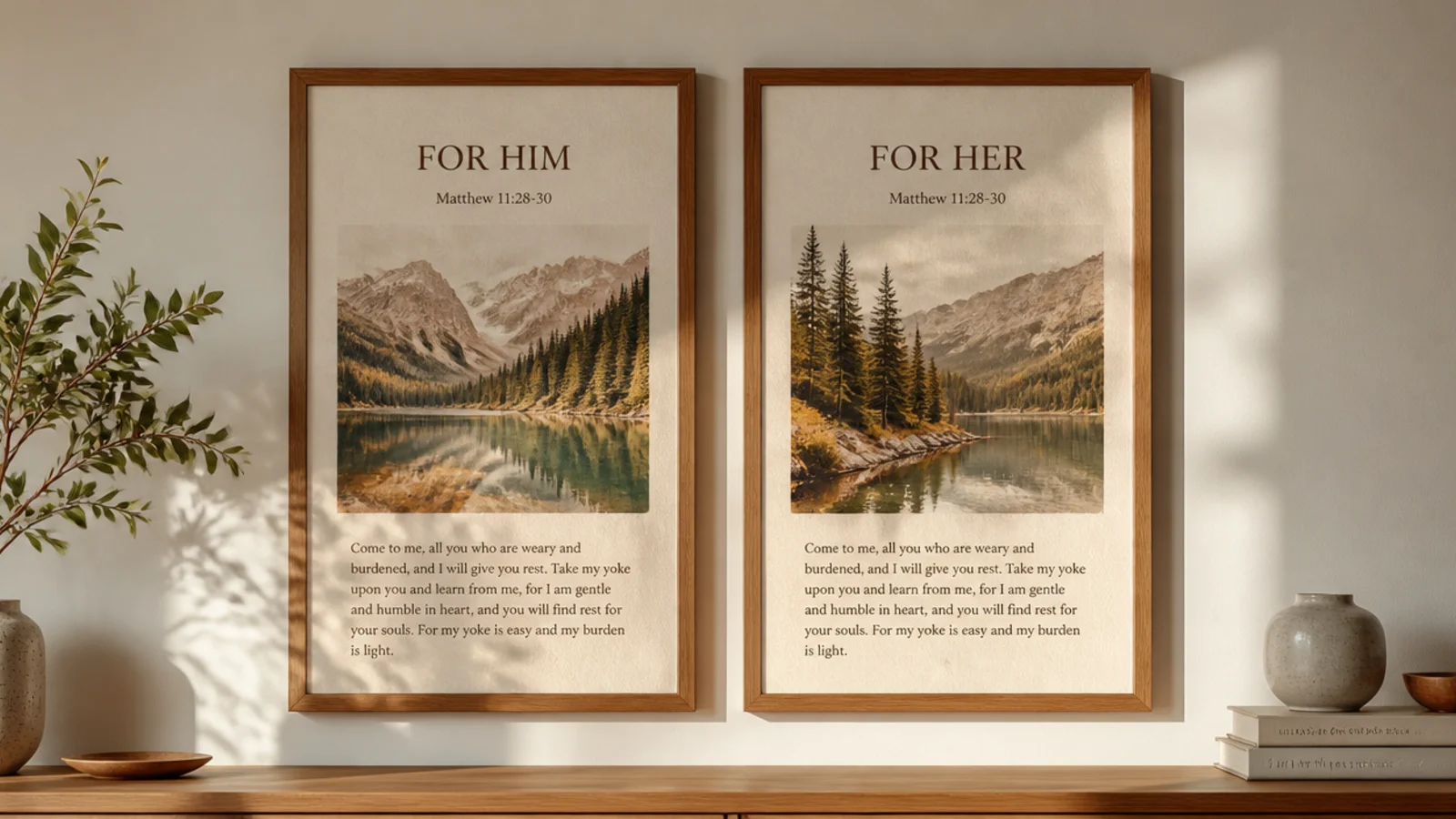 Two matching frames, one labeled for each partner, hung side by side with even spacing above a dresser.