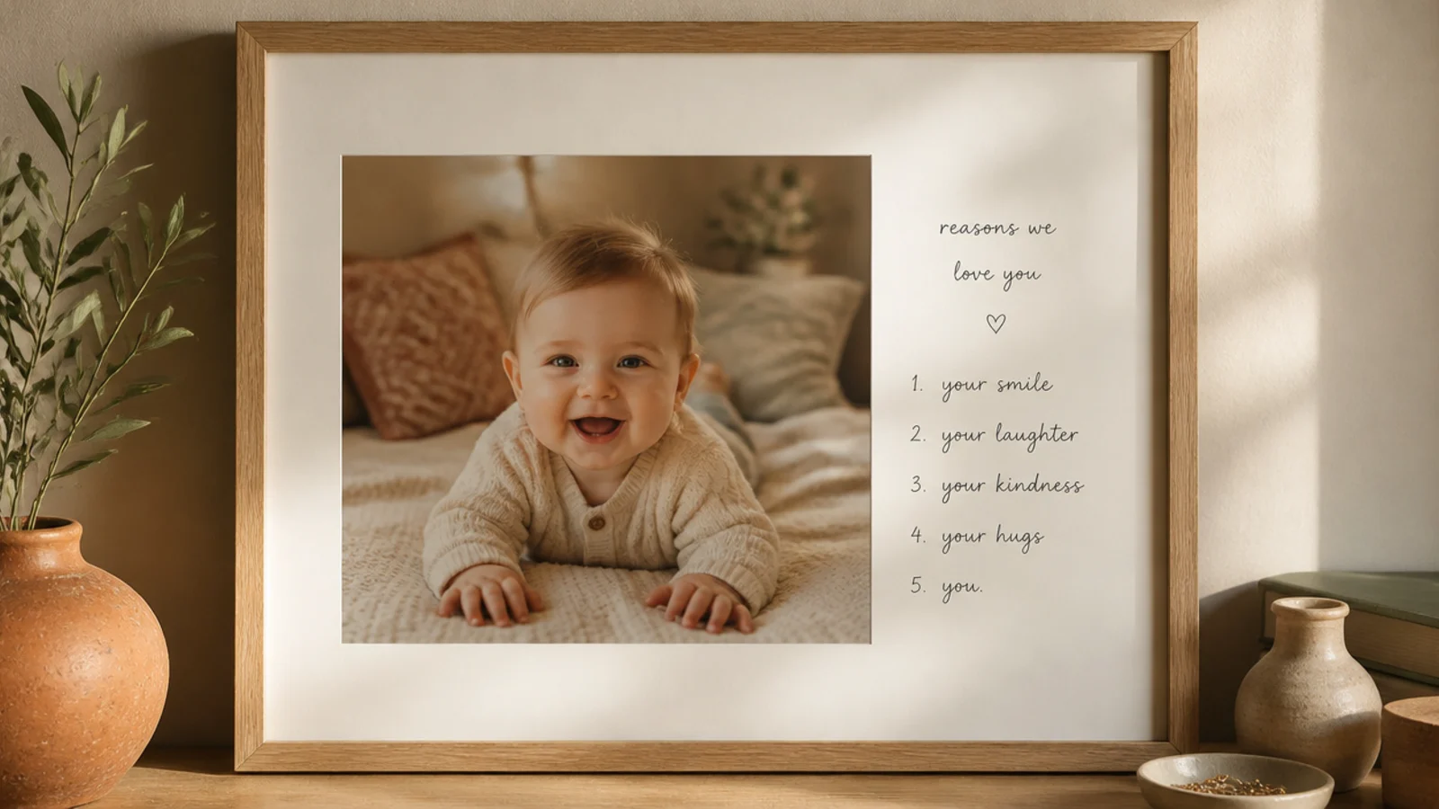 A frame with a photo and a small hand-lettered list of short reasons written along a wide border.