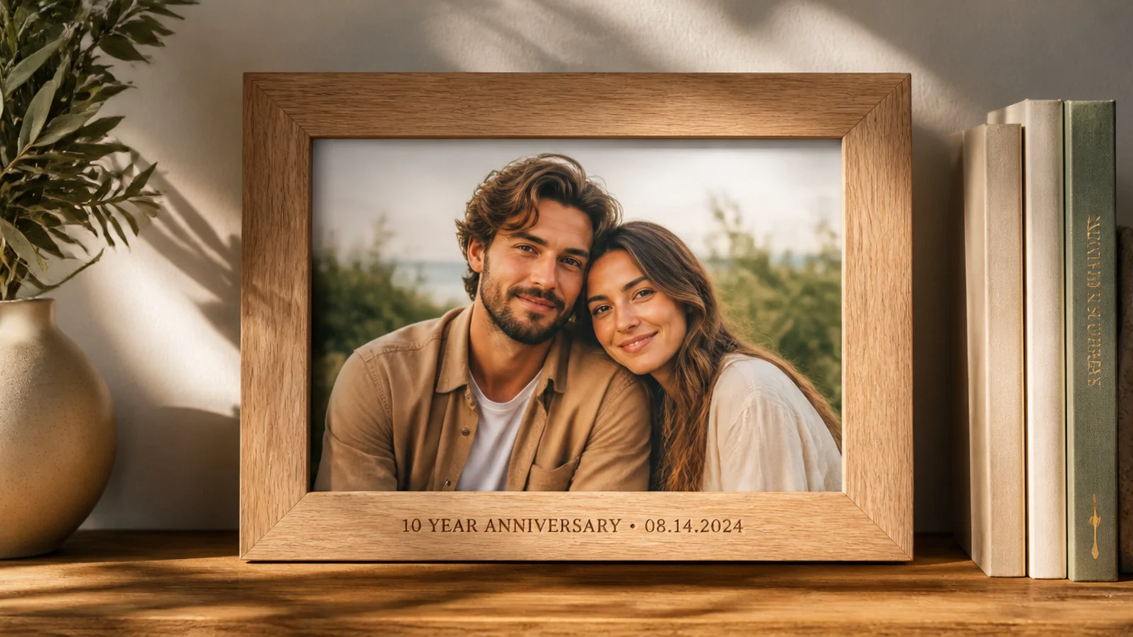A natural wood frame with the anniversary date wood-burned along the bottom edge, holding a couple's photo.