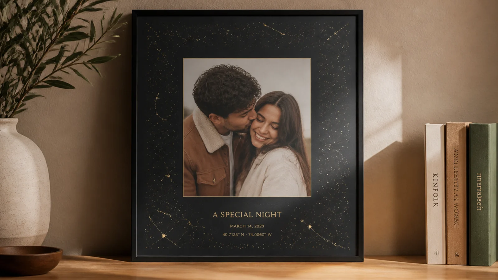 A dark frame with the star pattern of a special night painted in tiny dots around a couple's photo.