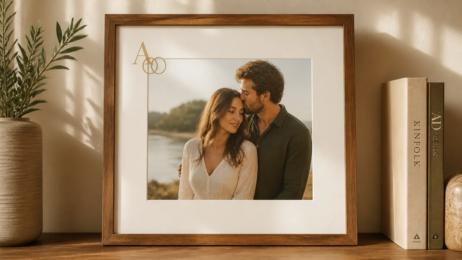 A frame with two painted interlocking rings in gold in one corner over a couple's photo, subtle and elegant.