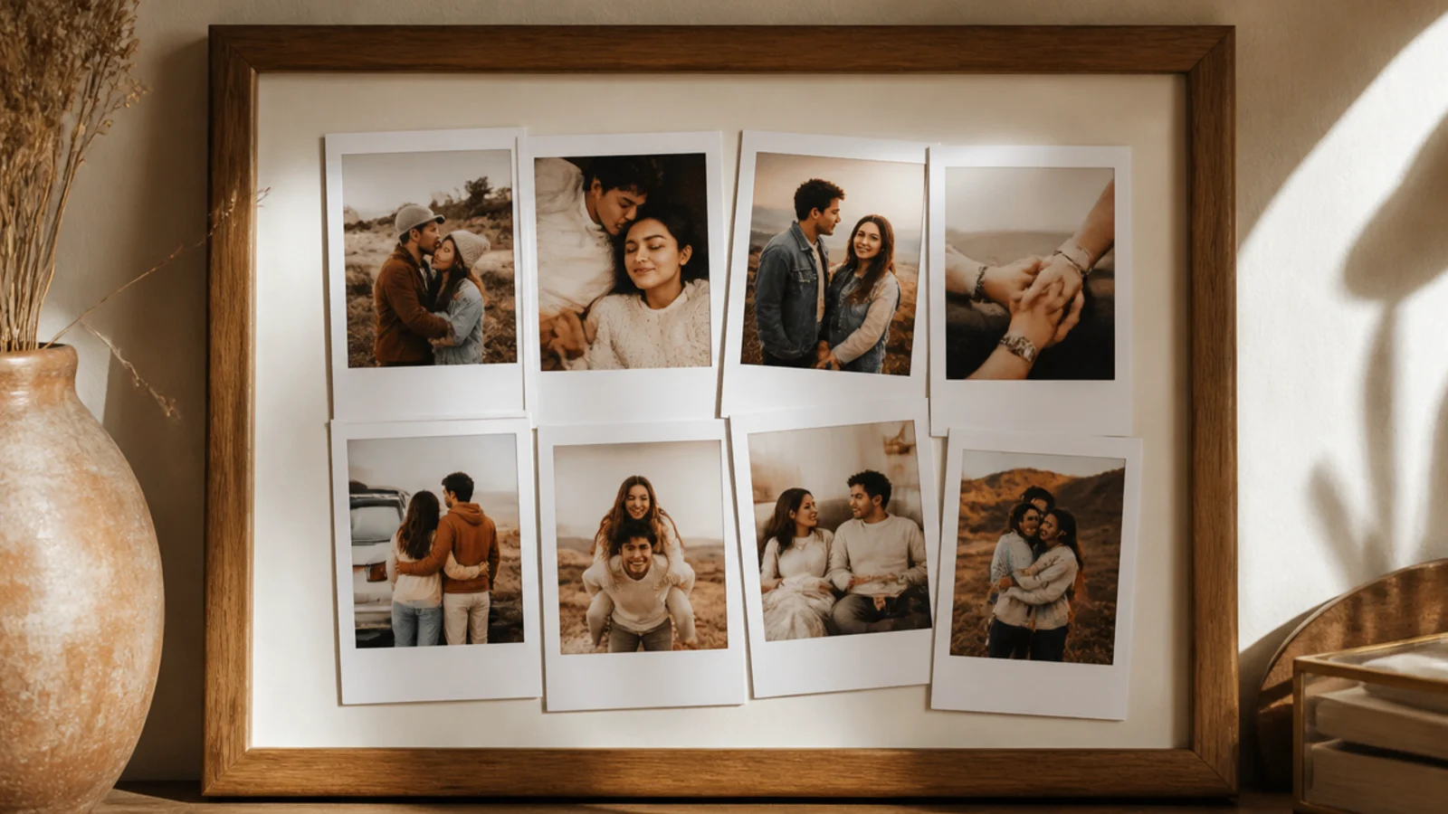 A frame filled with several small instant-style couple photos arranged in a casual overlapping collage.