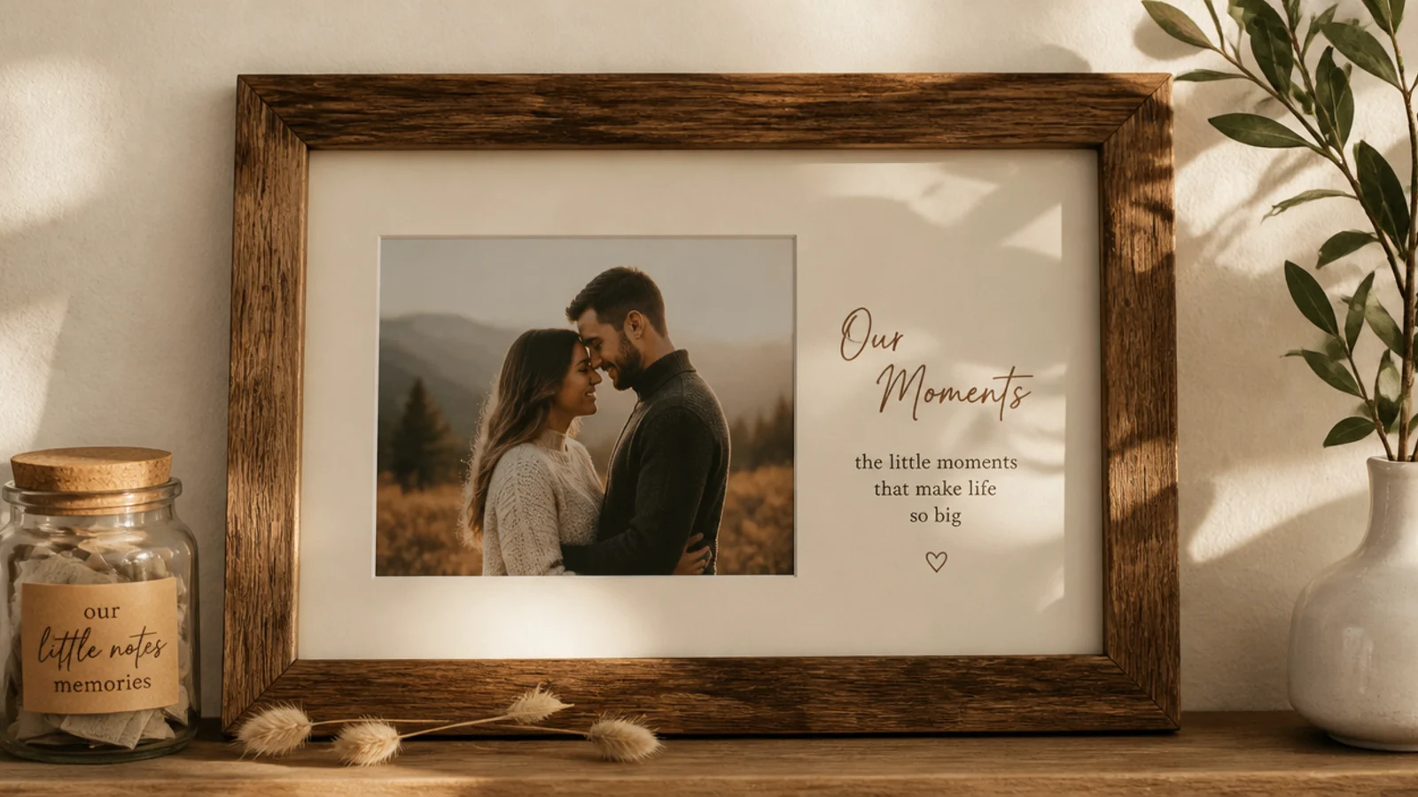 A frame mounted beside a small jar of folded note papers, together as a memory display for a couple.