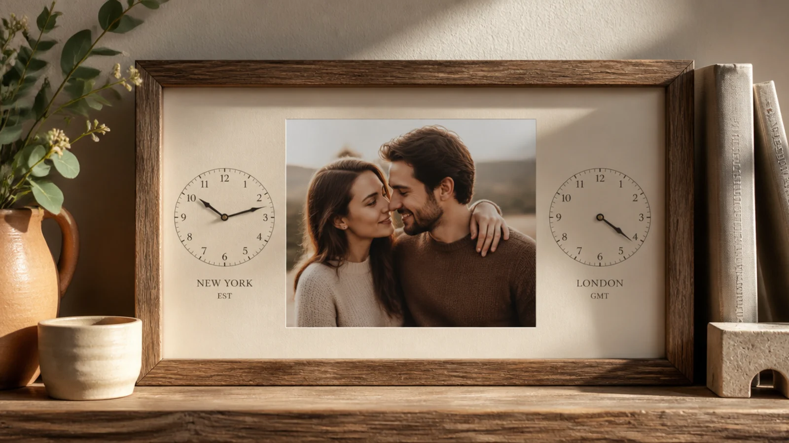 A frame with a couple's photo flanked by two small painted clock faces showing each partner's time zone.