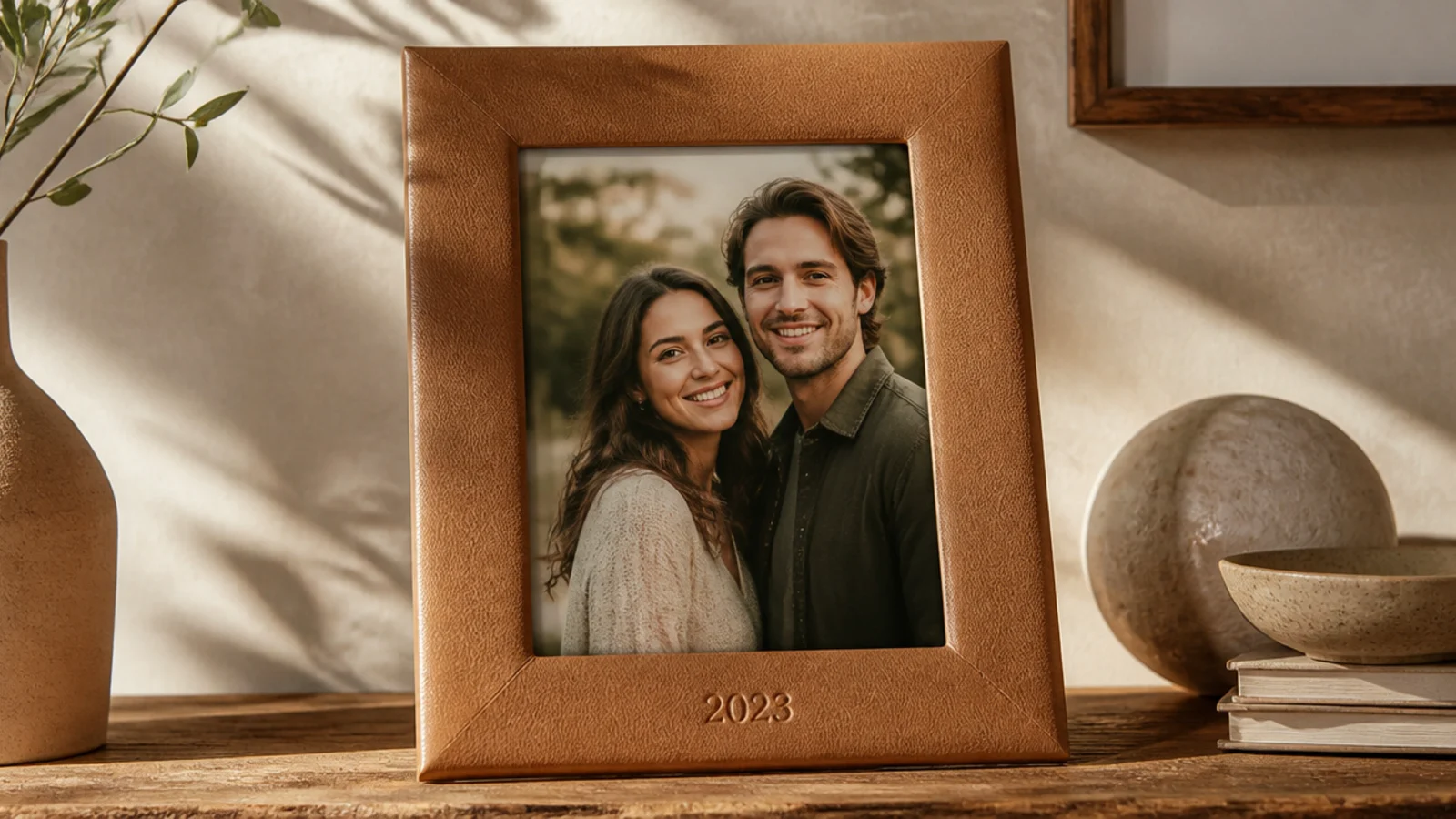A frame wrapped in soft tan leather with a small embossed date, holding a couple's photo, warm and refined.