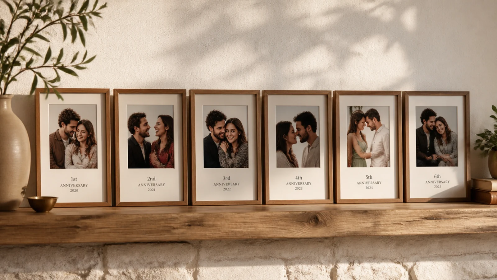 A row of matching small frames, each dated a different anniversary year, holding a photo from that year.