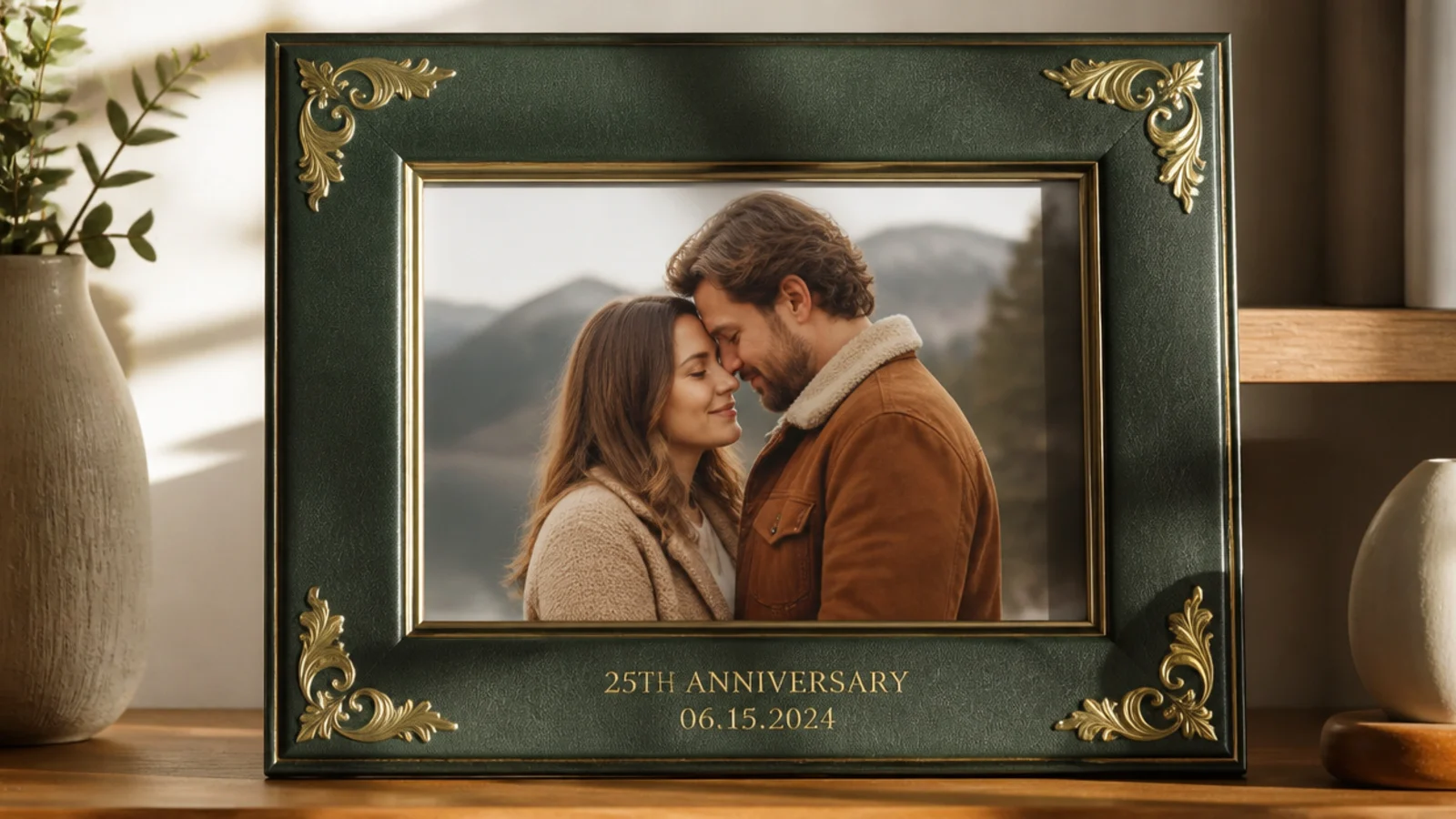 A deep green frame with gold-leaf corners and an engraved milestone anniversary date, holding a couple's photo.