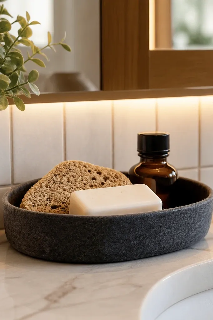 Neutral felt tray holding soap pump, sponge, and small bottle