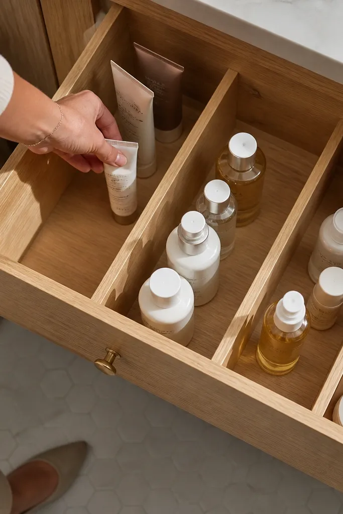 Drawer insert with light wood dividers separating skincare bottles