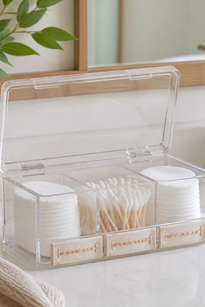 Small clear-lid box with fabric tabs labeling cotton pads and tools