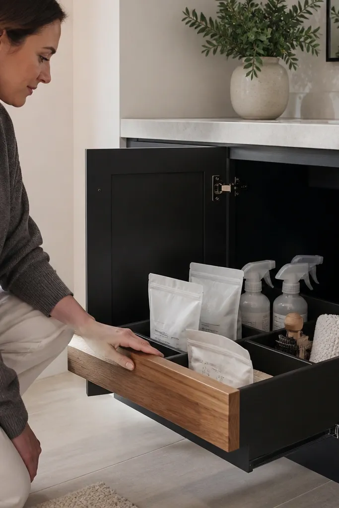 Pull-out bin under sink with a wooden handle and organized cleaning supplies