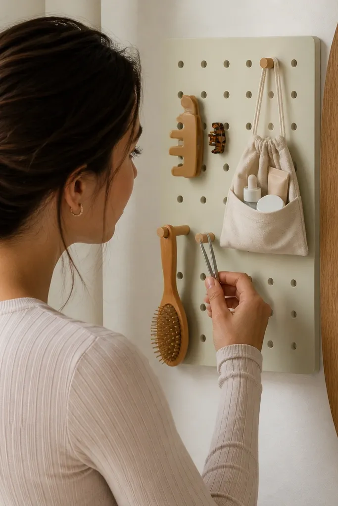Small pegboard panel with hooks holding skincare and hair tools