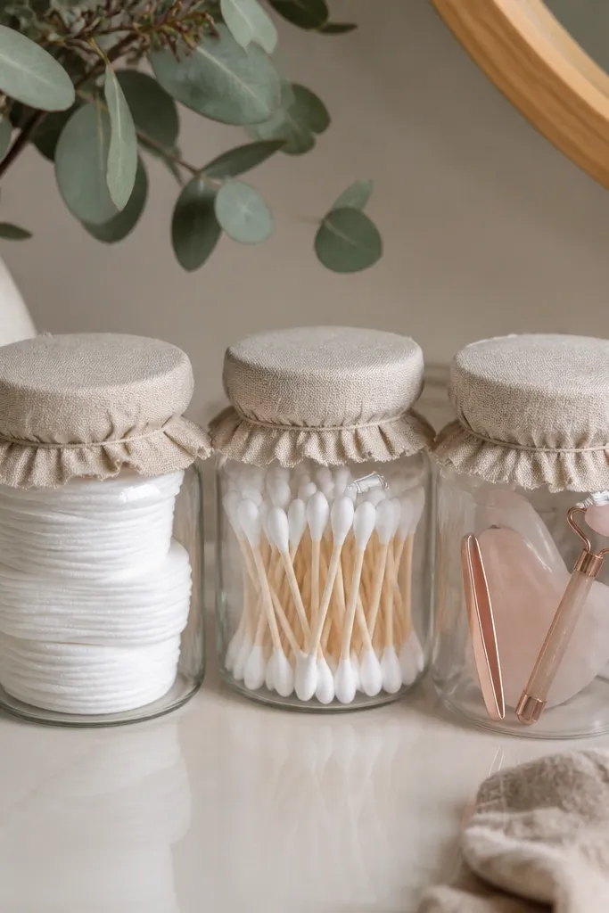 Two mason jars with linen covers for cotton pads and Q-tips