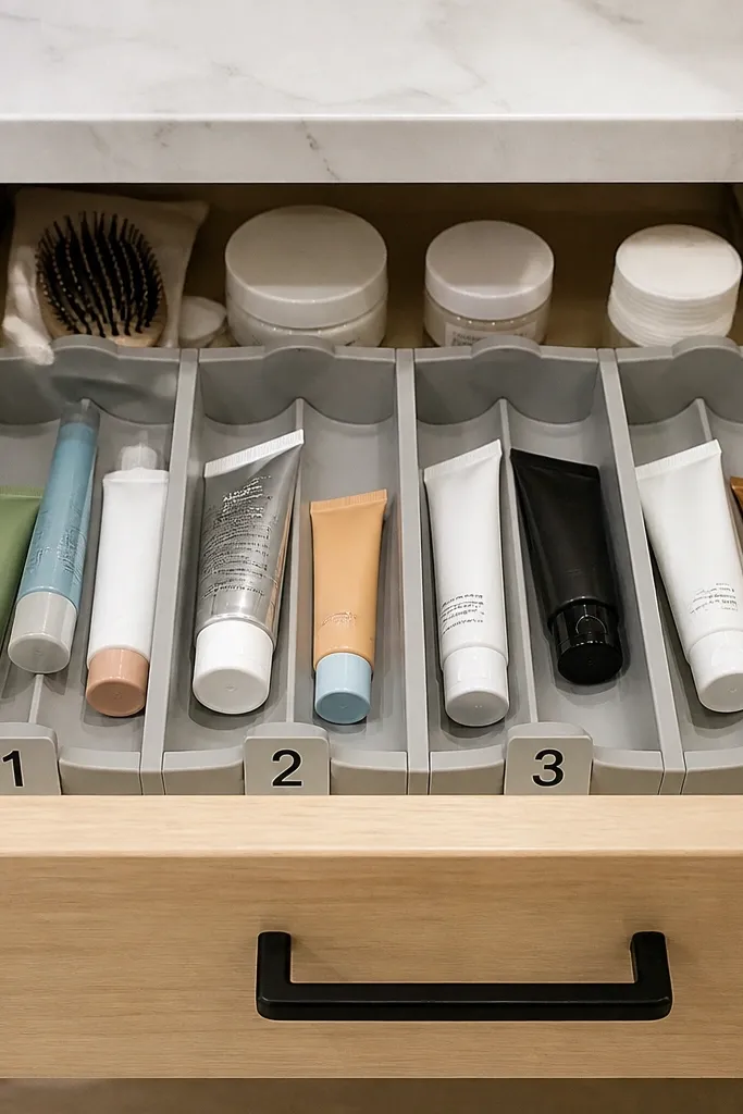 Drawer organizer with silicone tube holders and numbered zones