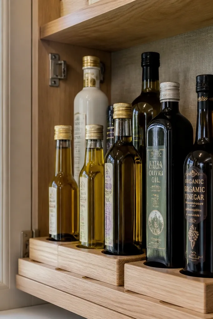 Stacked slim trays holding tall bottles neatly in a vanity cabinet