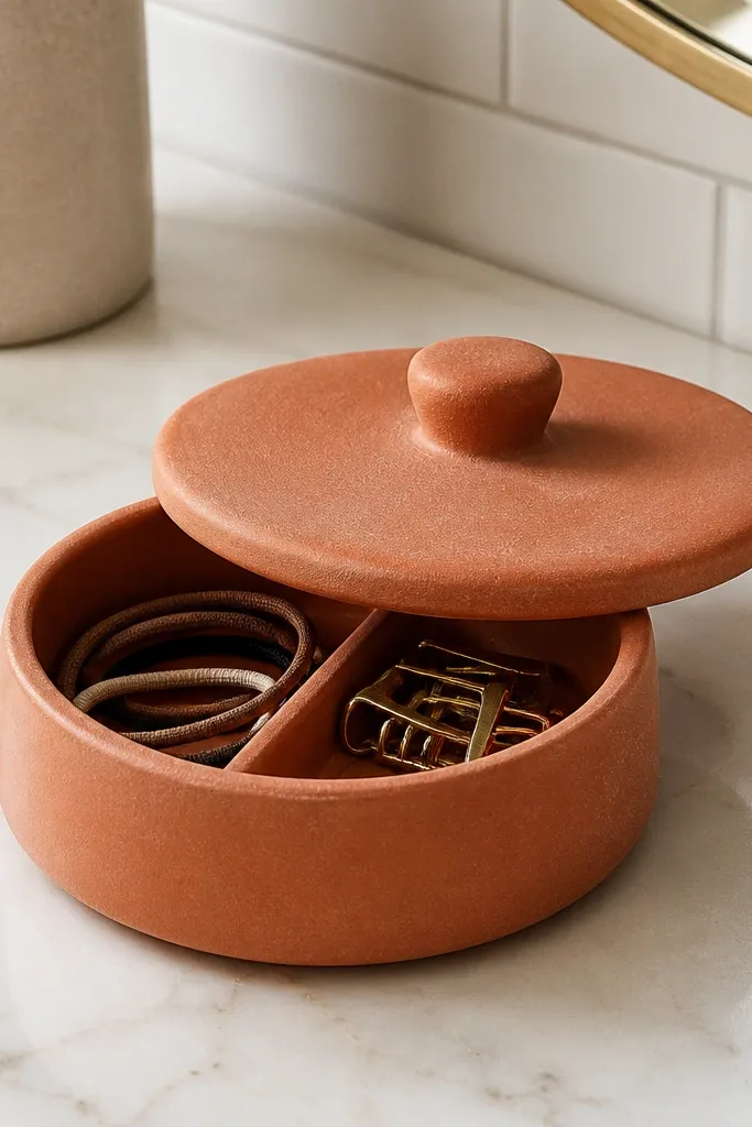 Small ceramic lidded container with hair ties and clips neatly sorted