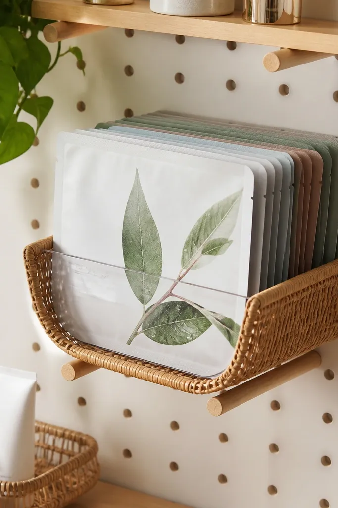 Small basket hanging from a peg with neatly stacked face mask packets