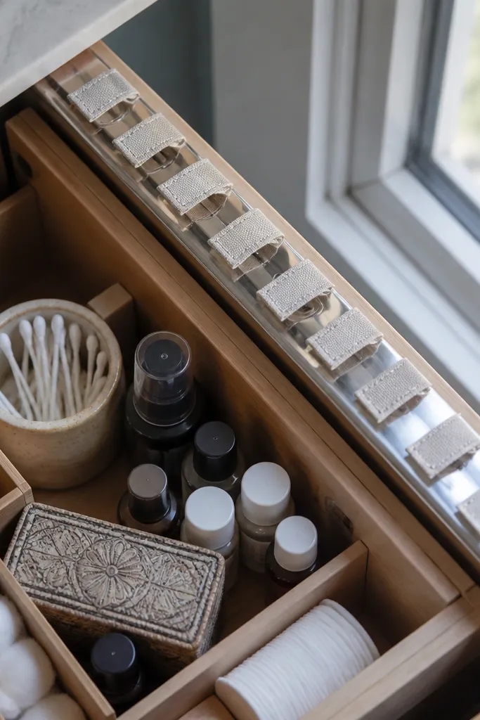 Drawer front with small magnetic label strips showing categories