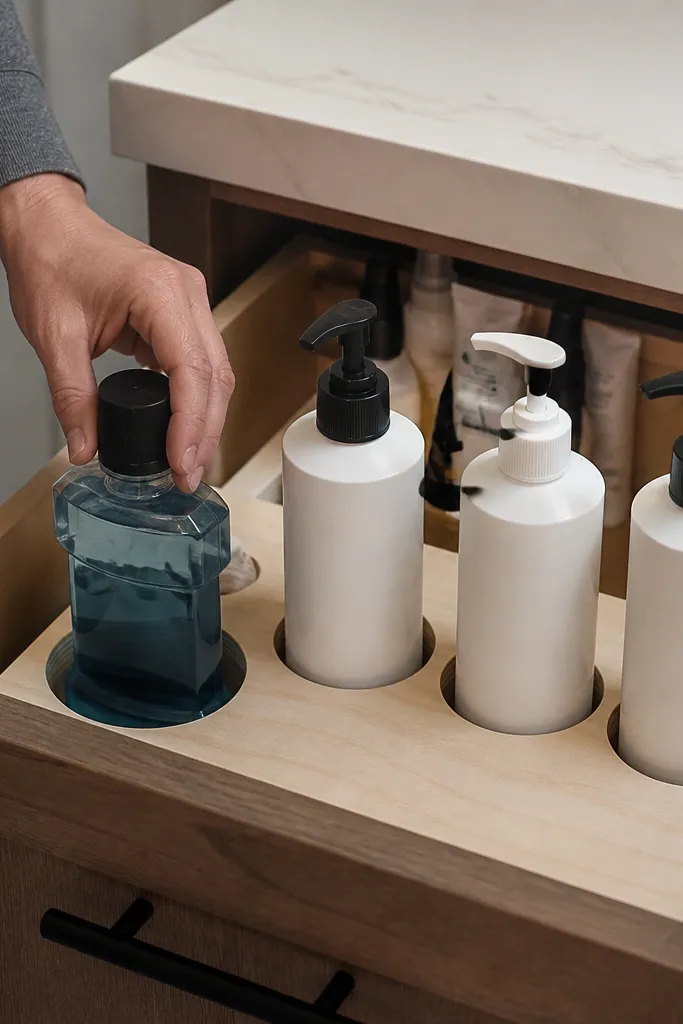 Drawer insert with cup compartments for mouthwash and tall pumps