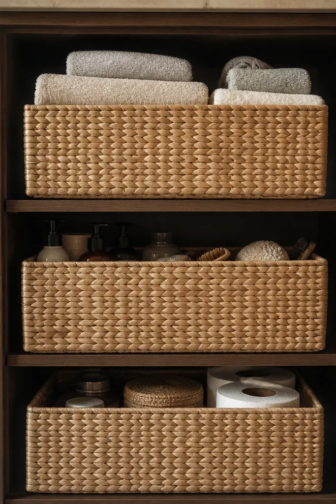 Two woven baskets stacked in a bathroom cabinet with labeled fronts
