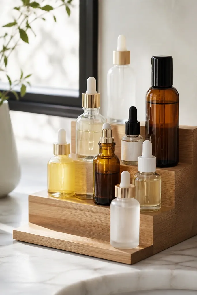 Tiered wooden blocks holding stacked skincare bottles on the counter