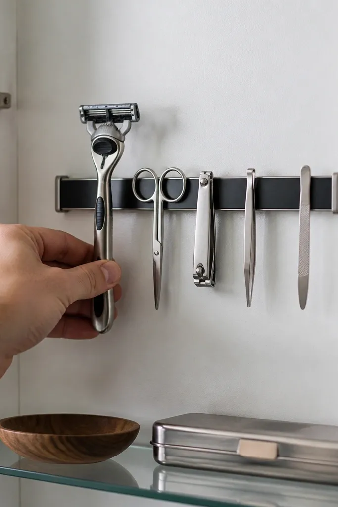 Magnetic strip inside cabinet holding razor and metal tools neatly