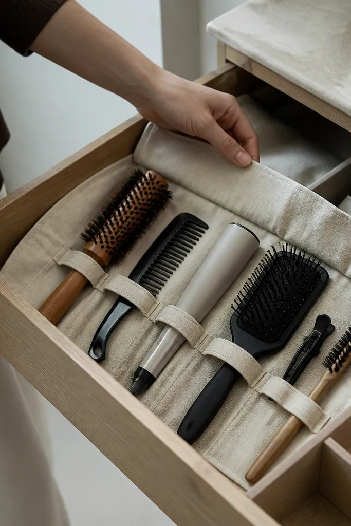 Folded fabric roll in drawer holding brushes and hair clips