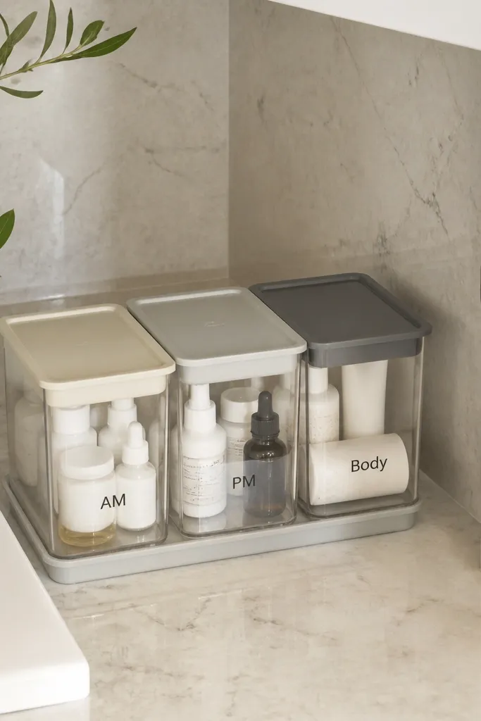 Three mini caddies with labels holding travel-size bottles