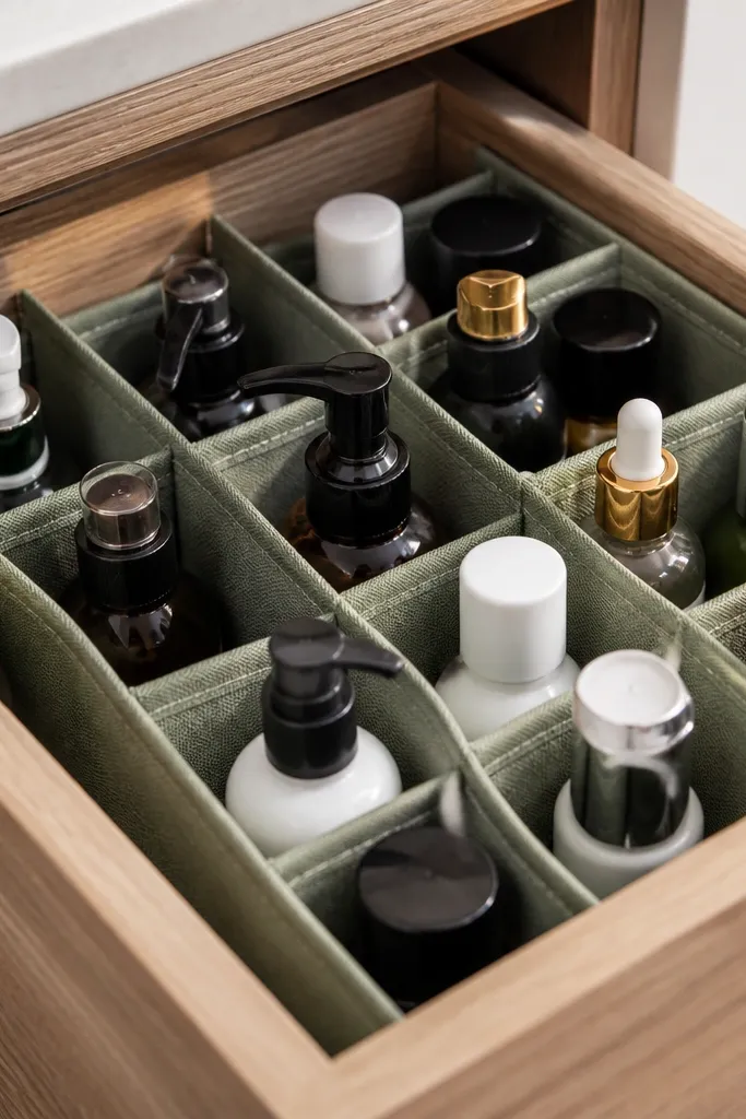 Fabric divider inside drawer creating upright lanes for tall bottles